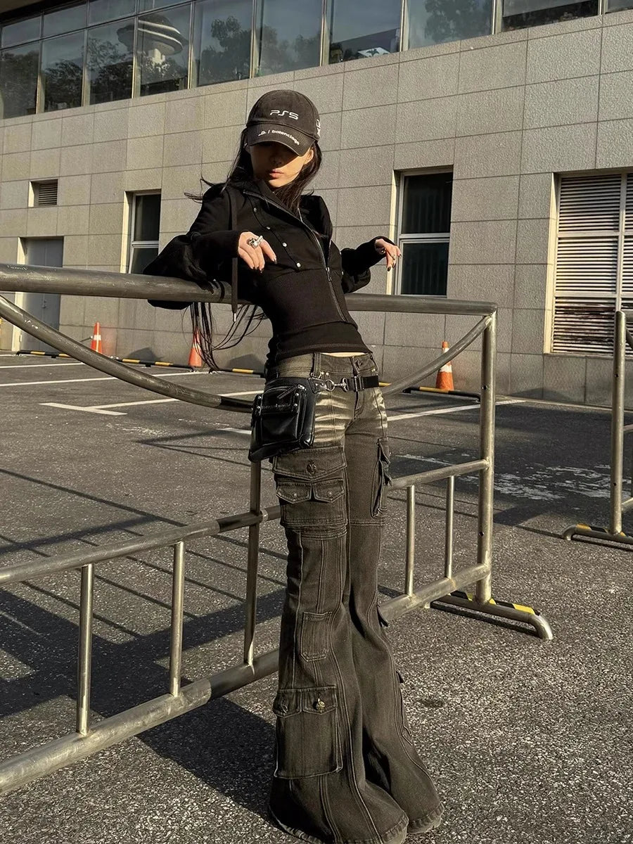 Women's Low Rise Flared Cargo Pants with Washed Look