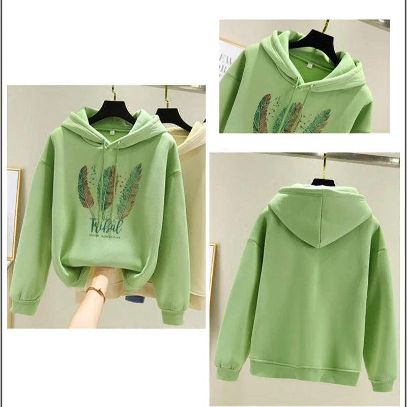 Feather Graphic Long Sleeve Pullover Casual Hoodie for Layering