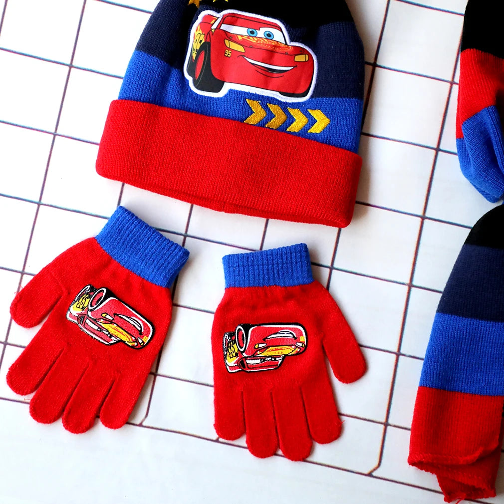 Children's Cars Cartoon Hat Scarf and Gloves Set for Winter Wear