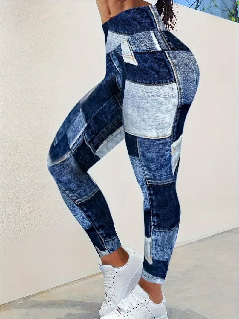 High Waist Full Length Denim Print Fitted Casual Leggings