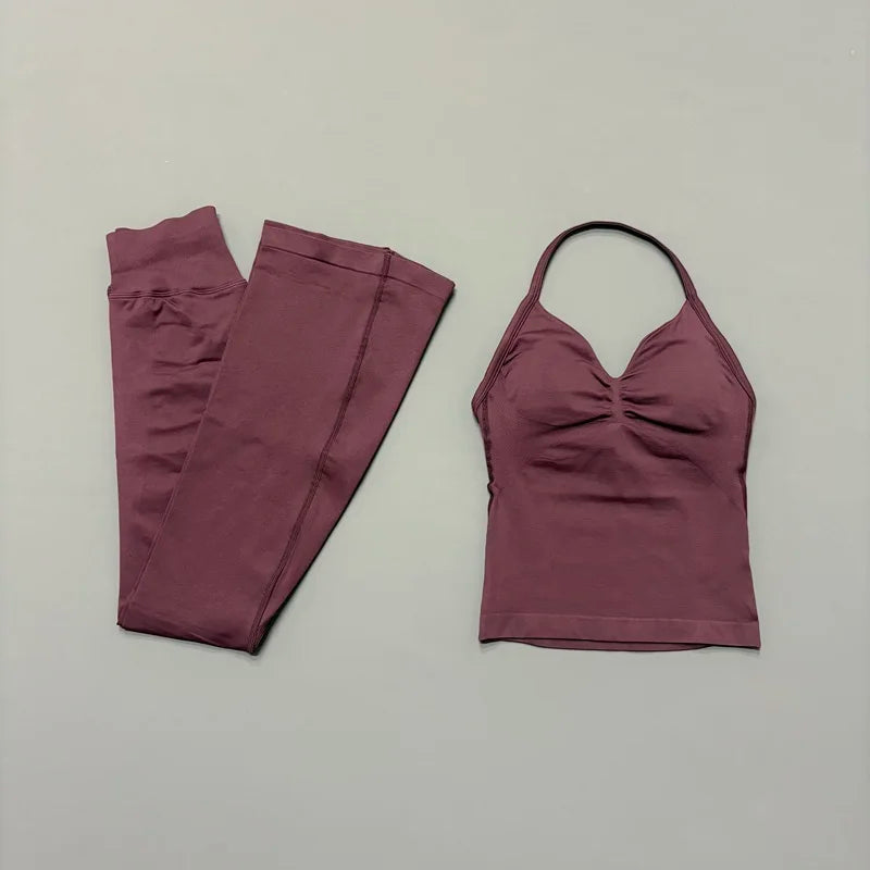 Women's Cross Back Tank And Flared Pants Yoga Set