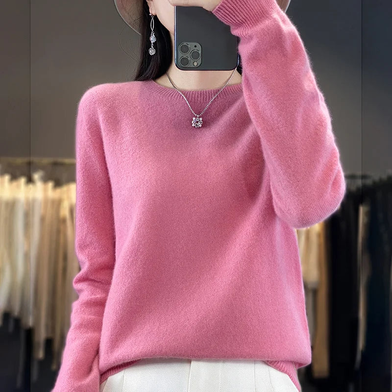 Women's Fluffy Round Neck Long Sleeve Sweater Casual Knit Layer