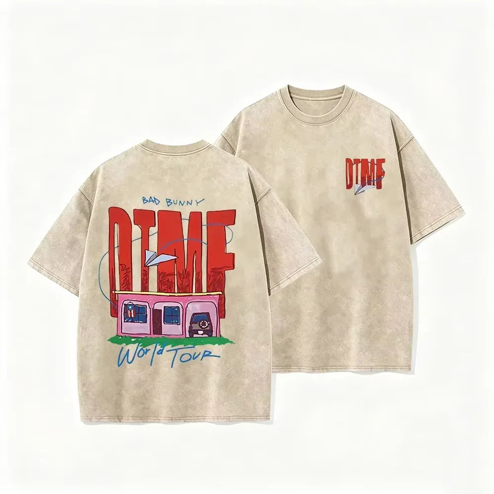 Bad Bunny DTMF World Tour Print Vintage Washed Black Casual T Shirt