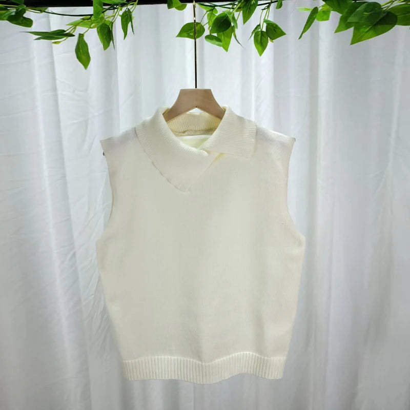 Women's Collared Sleeveless Knit Styles Vest Casual Knit Layer