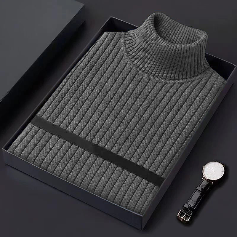 Men's Ribbed Turtleneck Sweater with Contrast Stripe