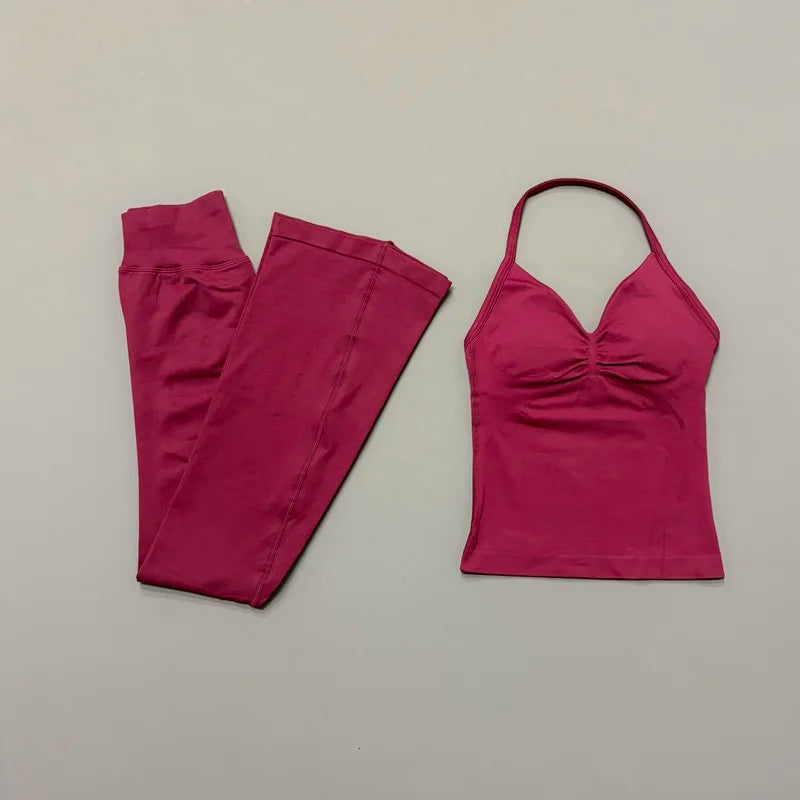 Women's Cross Back Tank And Flared Pants Yoga Set