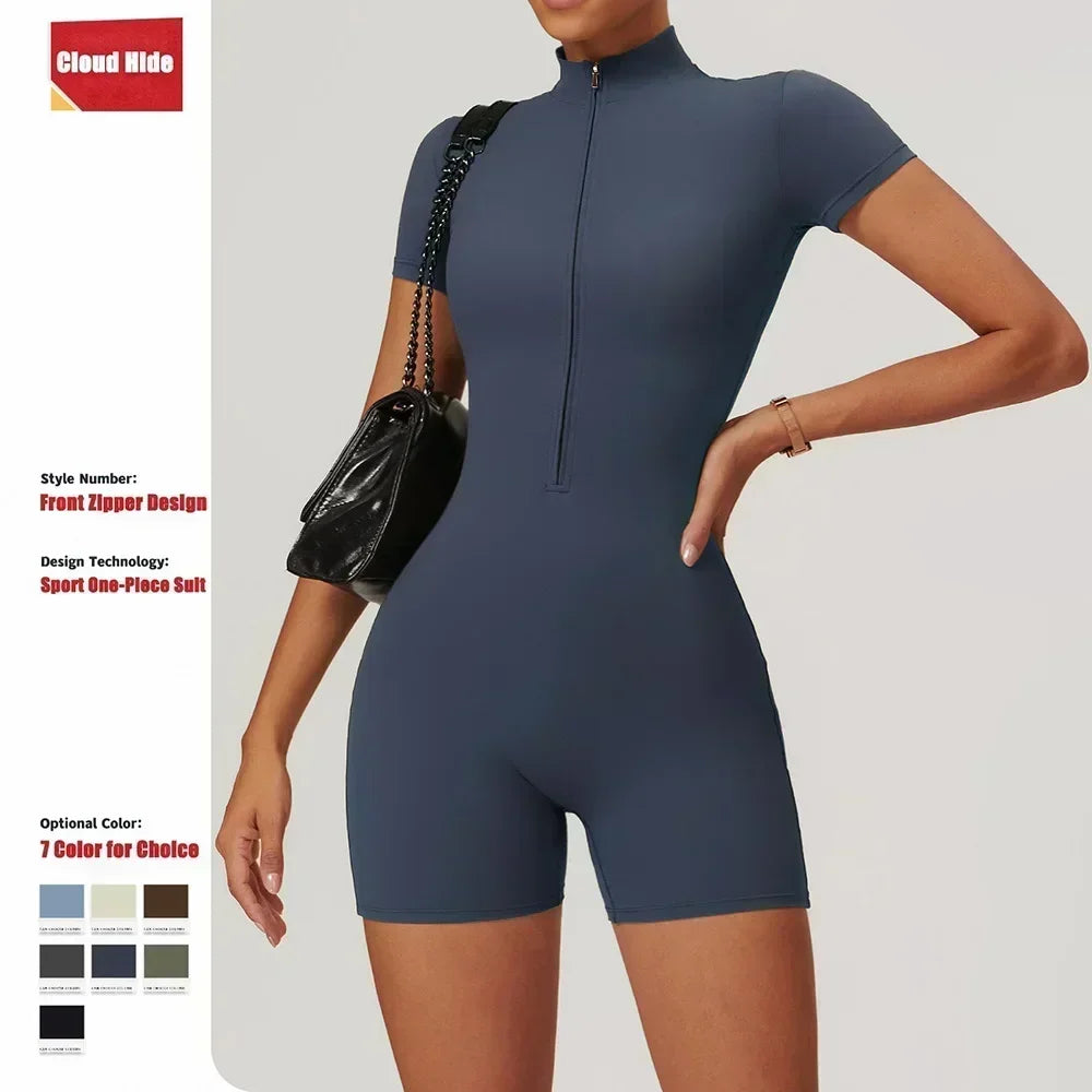 Women's Zip-Front Short-Sleeve Workout Romper