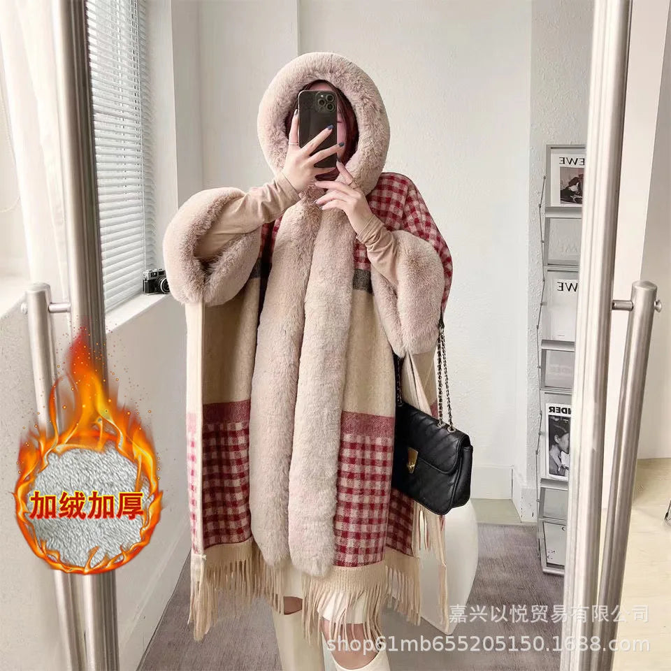 Plaid Hooded Fringed Poncho for Layering over Outfits