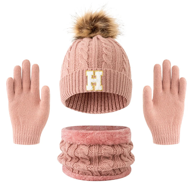 Children's Letter Knitted Hat Scarf and Gloves Set for Winter Wear