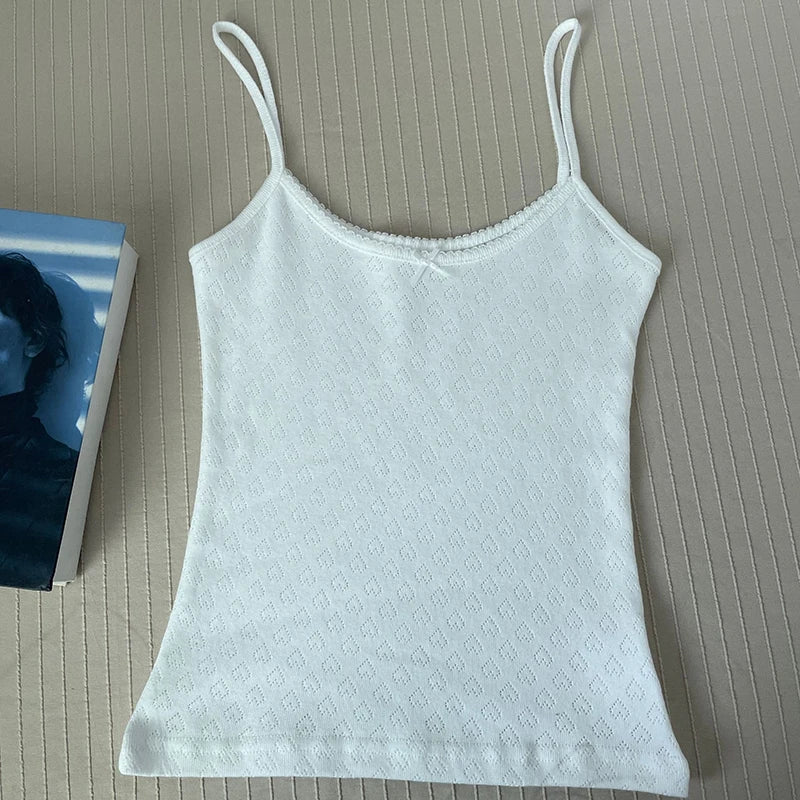 Women's Lace Trim Cotton Camisole with Bow Detail and Multiple Pattern Options