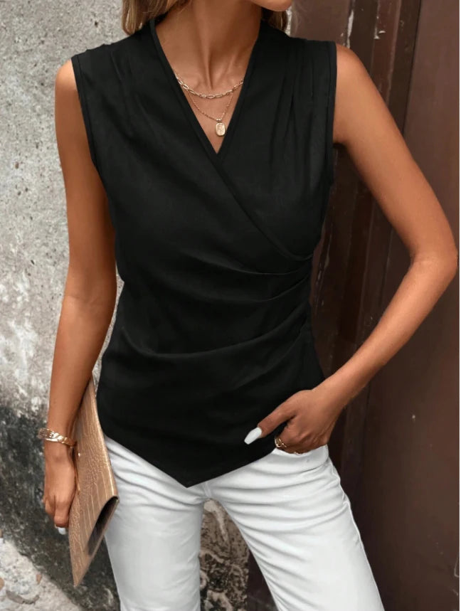 Women's Solid Polyester Wrap Blouse with Side Ruching and an Asymmetric Hem