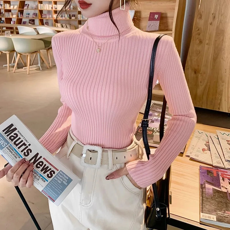 Women's Fitted Ribbed Roll Neck Sweater Casual Knit Layer