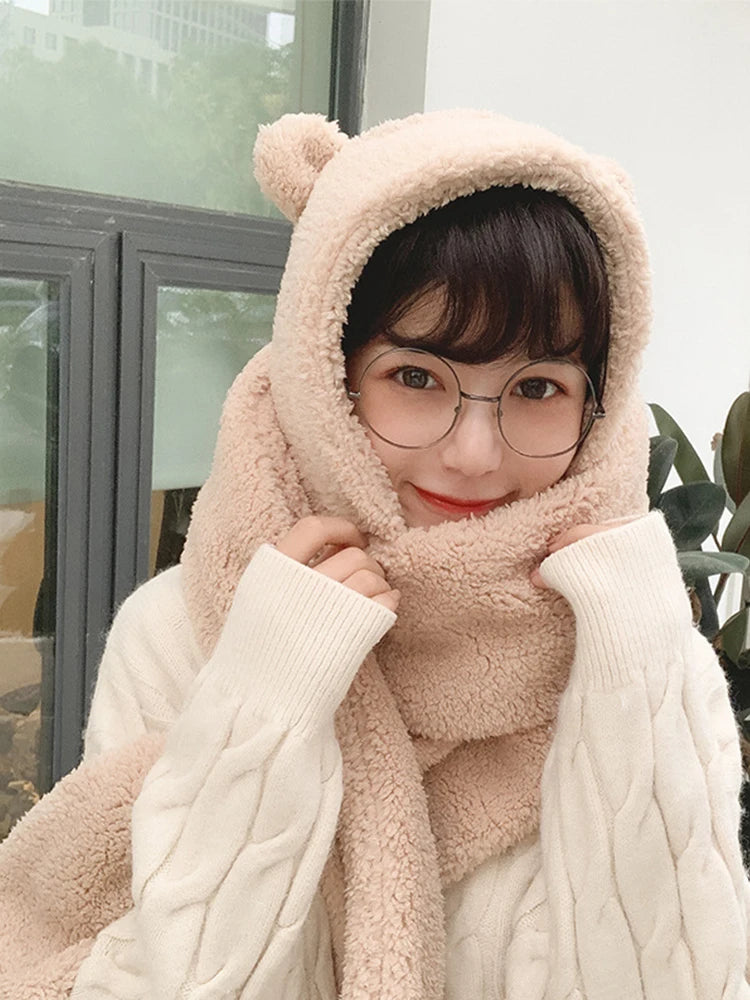 Women's Bear Plush Integrated Hat Scarf and Gloves Set for Winter