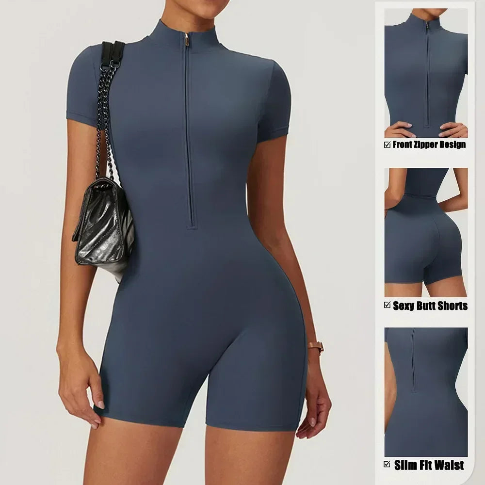 Women's Zip-Front Short-Sleeve Workout Romper