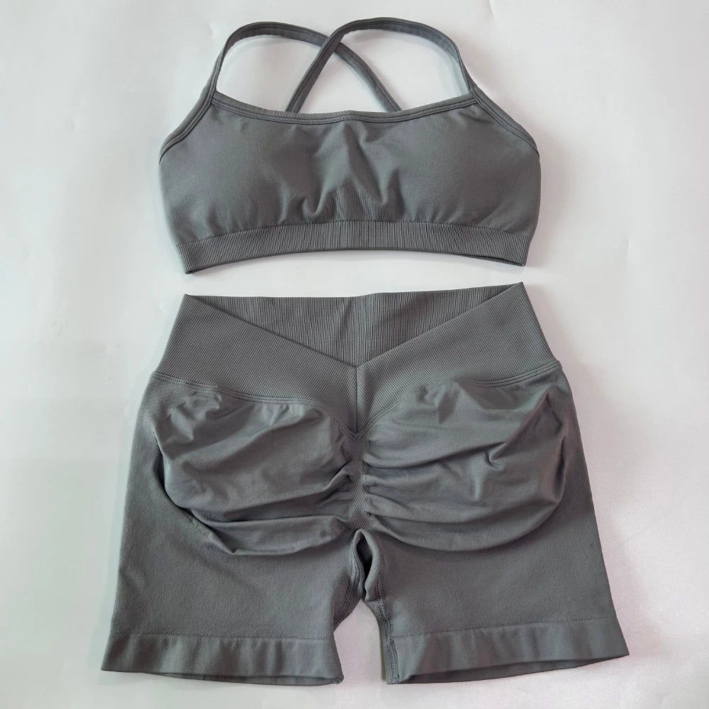 Women's Cross Strap Bra And Shorts Yoga Set