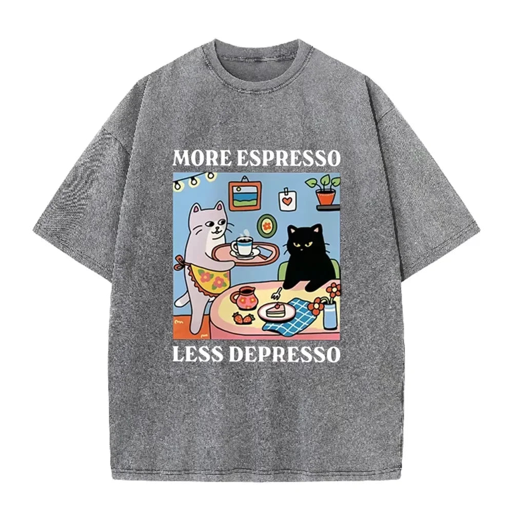 Vintage Black Cat Coffee T Shirt More Espresso Less Depresso Graphic Acid Wash Tee