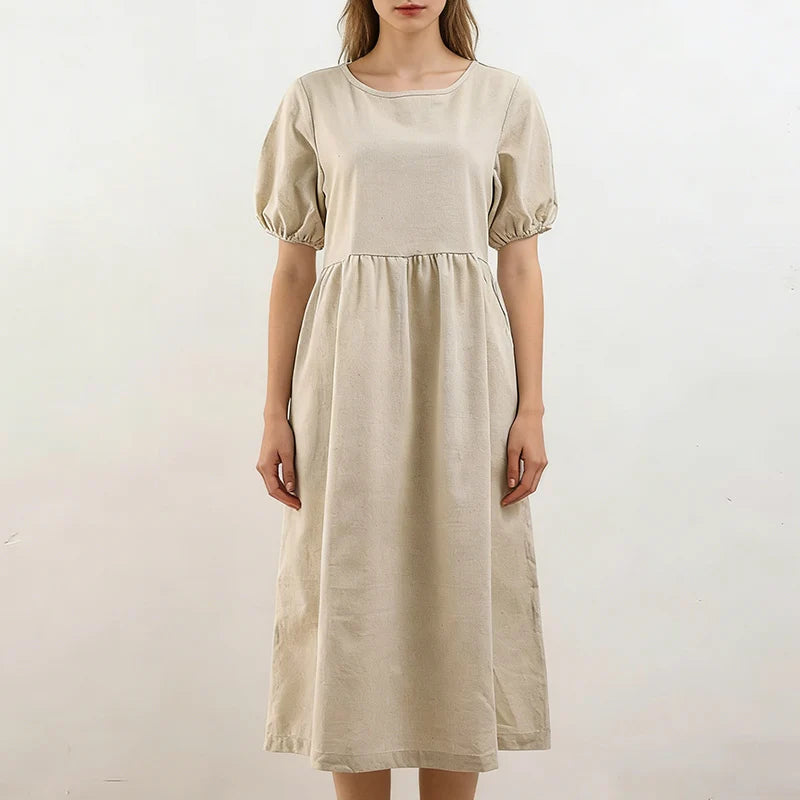 Women's Cotton-Blend Round-Neck Loose Midi Dress with Short Puff Sleeves for Summer