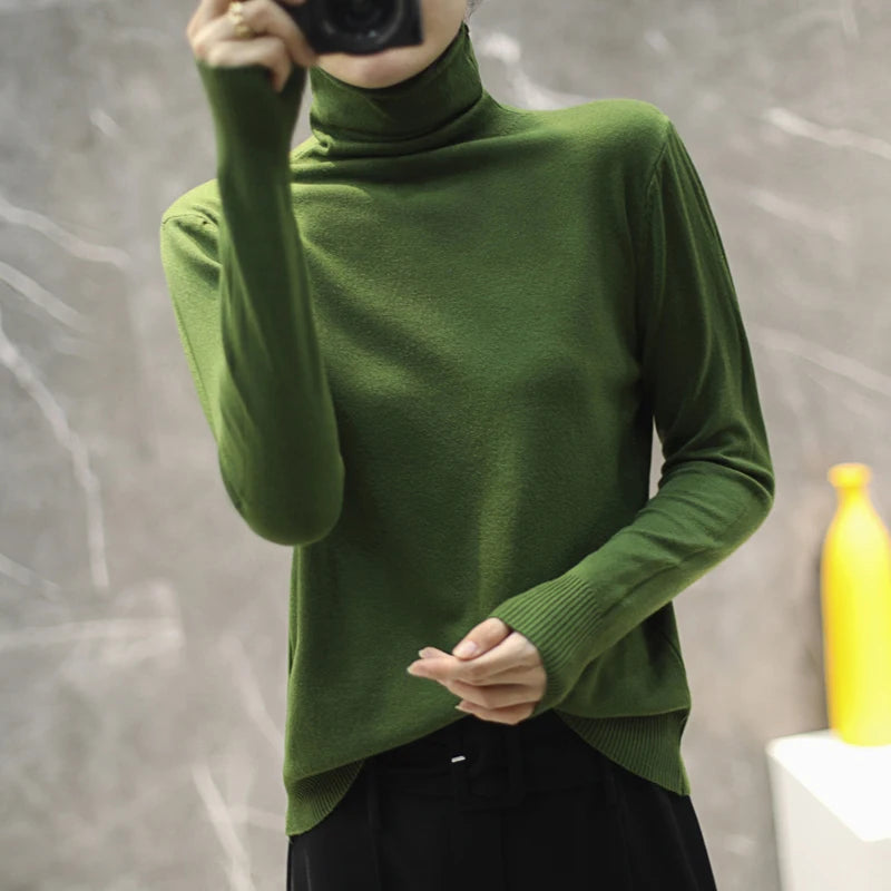 Women's Fitted Roll Neck Long Sleeve Sweater Casual Knit Layer