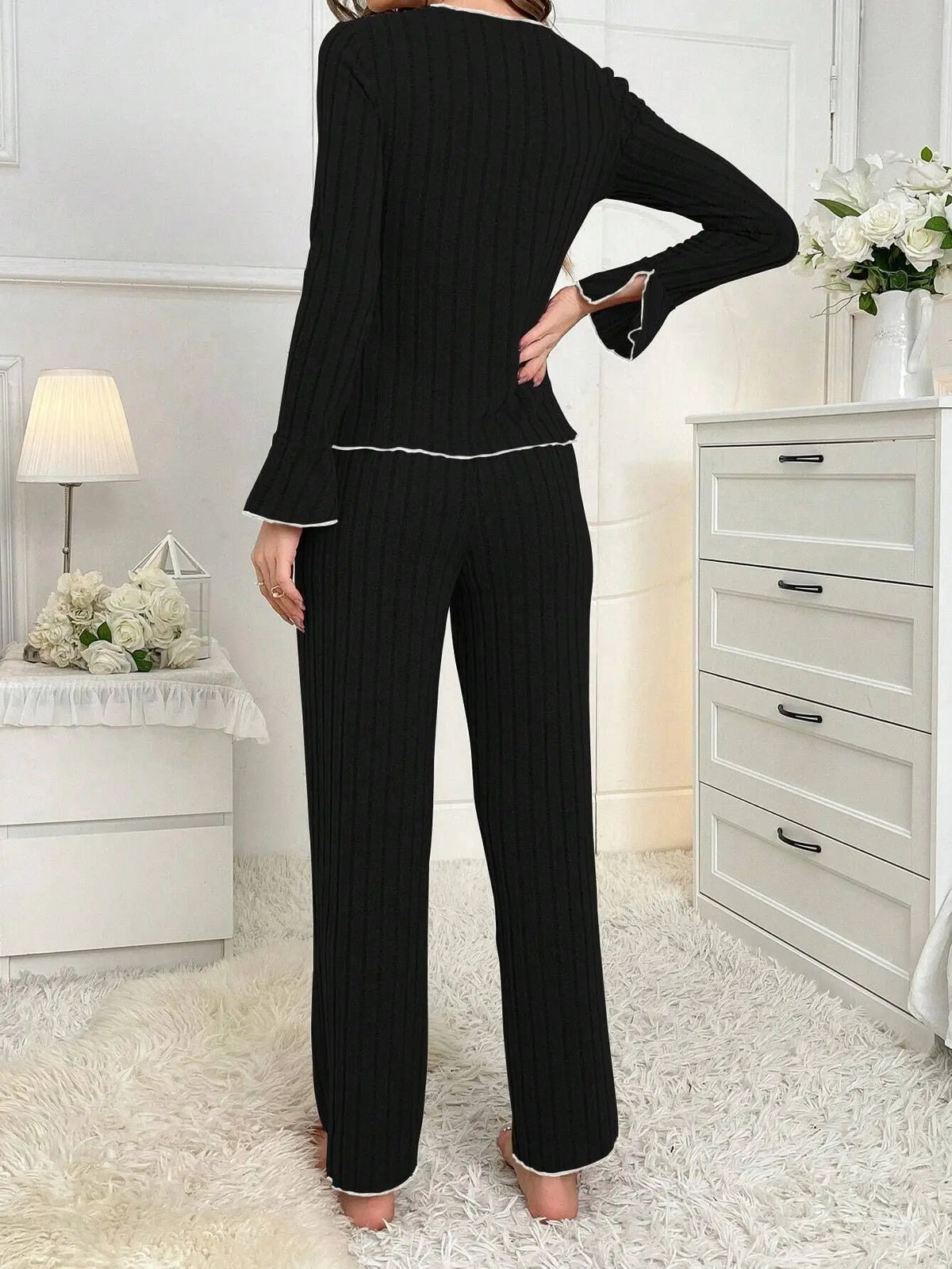 Women's Bow Front Ribbed Long Sleeve Pajama Set with Top and Pants