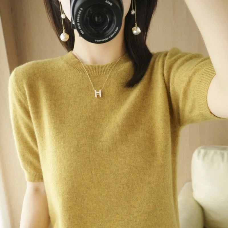 Women's Crew Neck Short Sleeve Sweater Casual Knit Layer