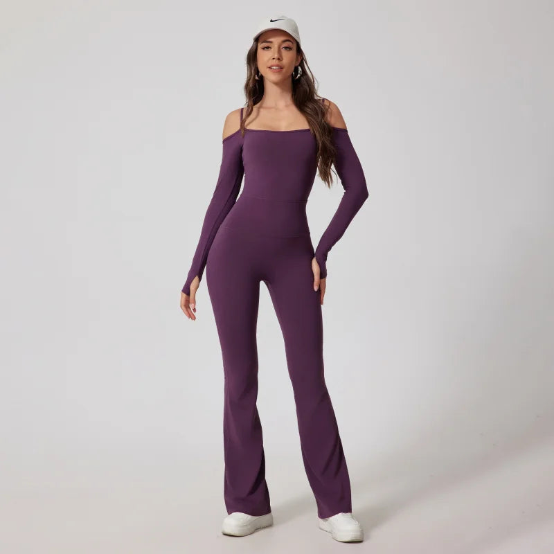 Women's Cold Shoulder Nylon Blend Workout Jumpsuit with Long Sleeves and Flared Legs
