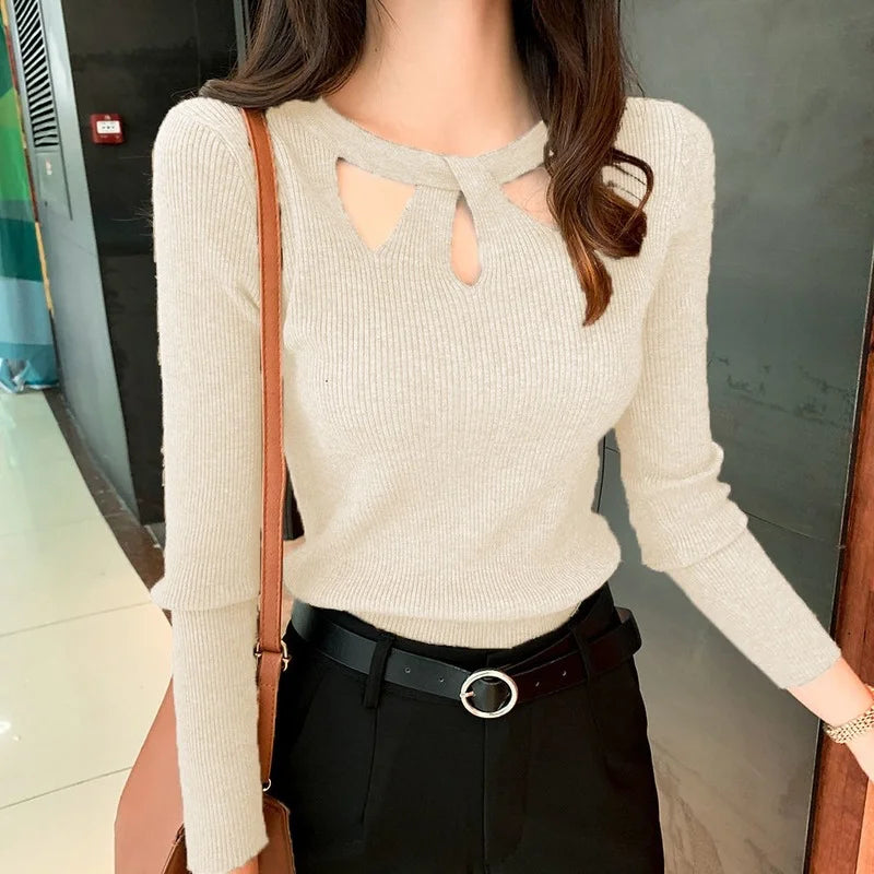 Women's Bow Keyhole Long Sleeve Sweater Casual Knit Layer