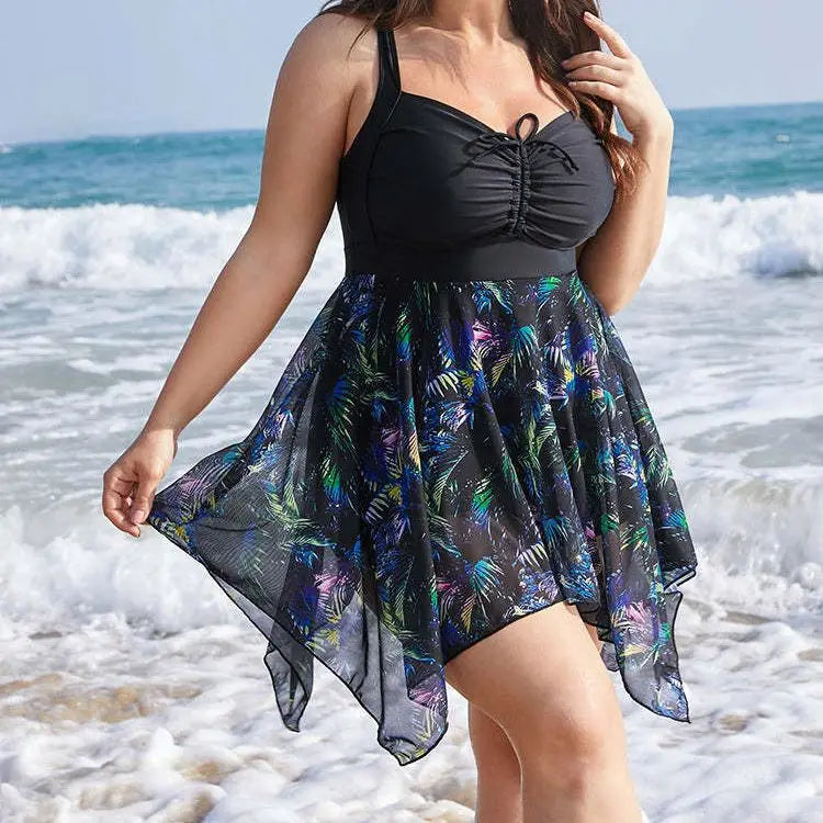 Women's Ruched Bust Printed Handkerchief Hem Skirted Swimdress