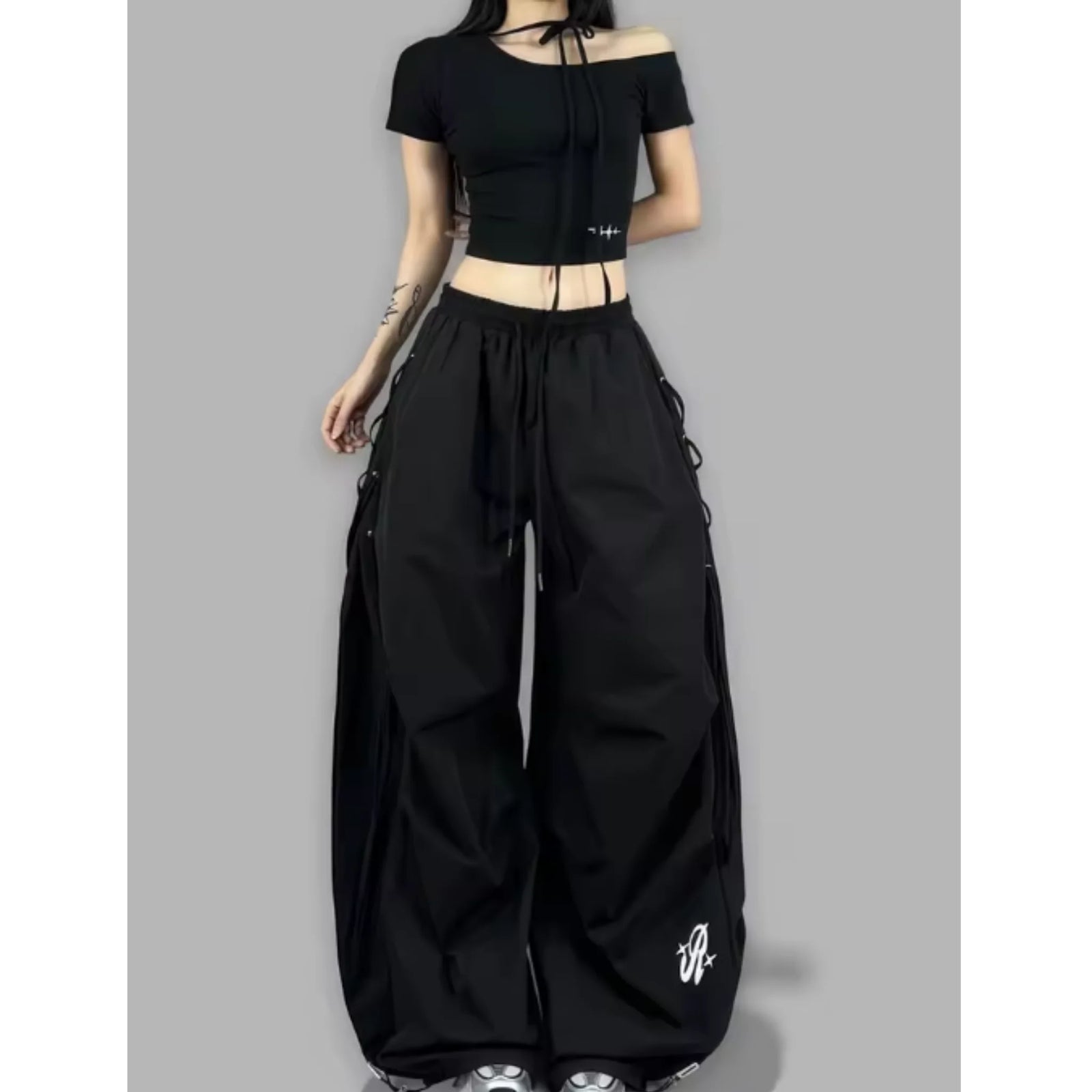 Women's Wide Leg Cargo Pants with Hanging Side Strap Details