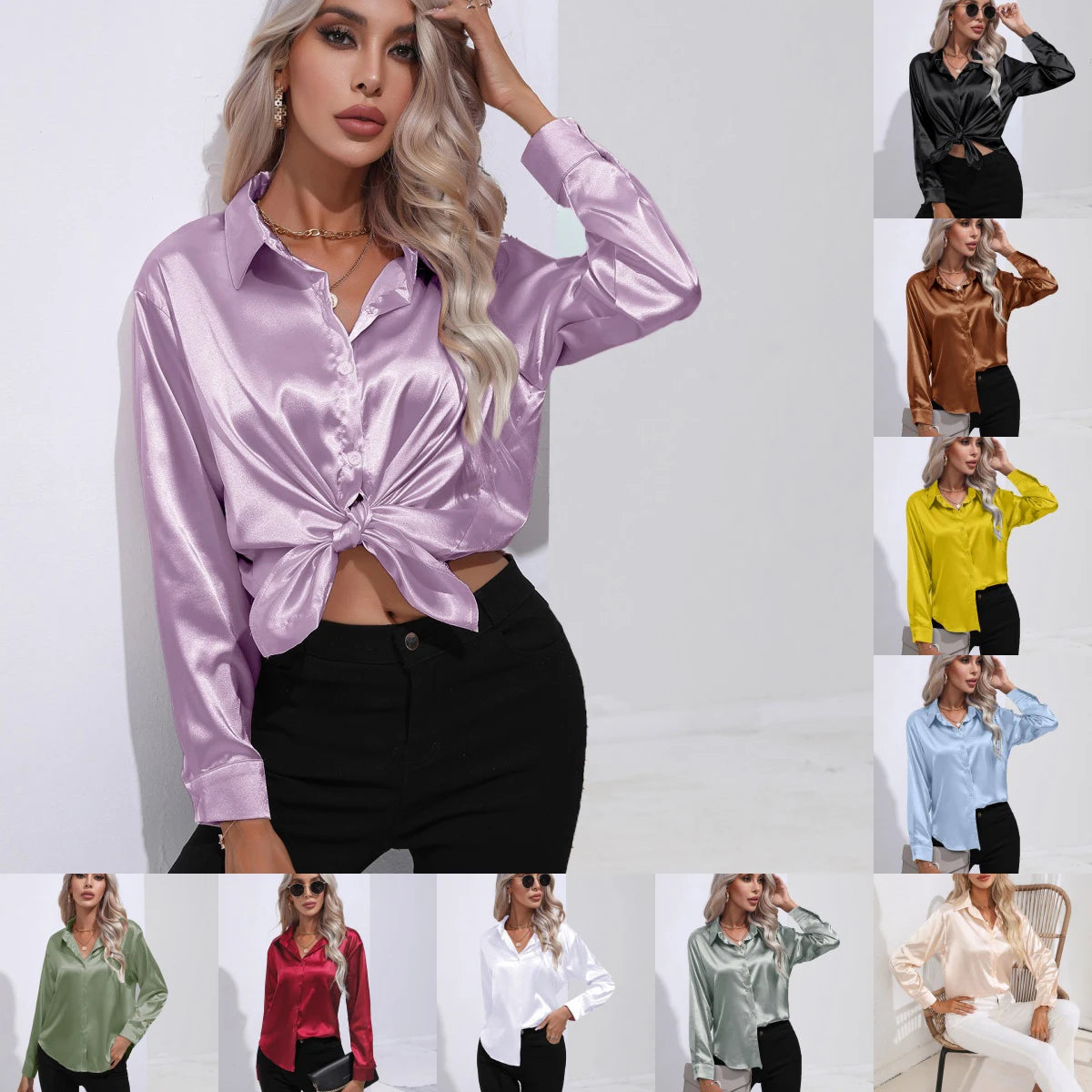 Women's Button Front Satin Look Shirt