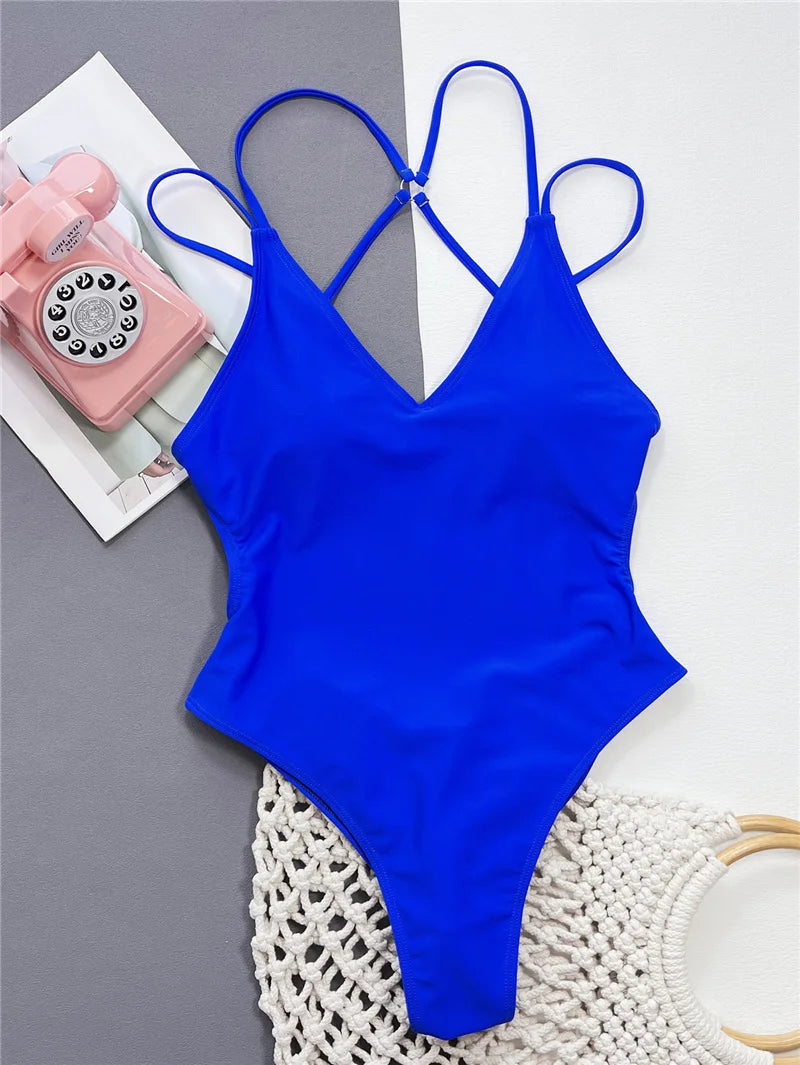 Women's Strappy Cross Back Plunge Neck One Piece Swimsuit