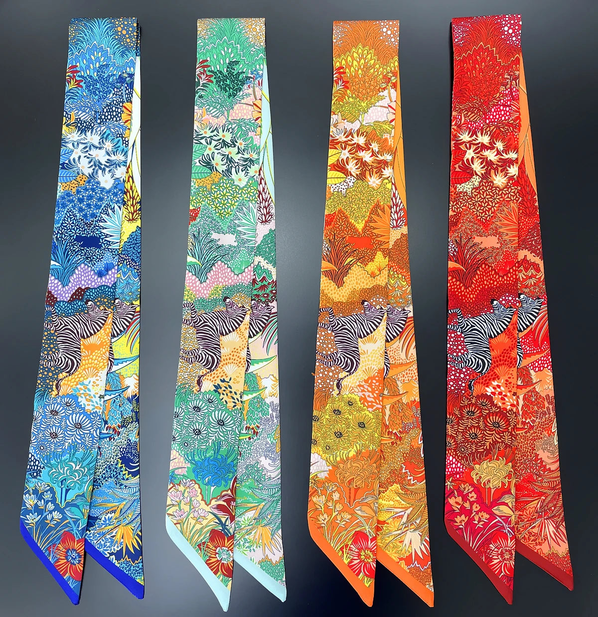 Colorful Printed Skinny Ribbon Scarf with Tie Ends