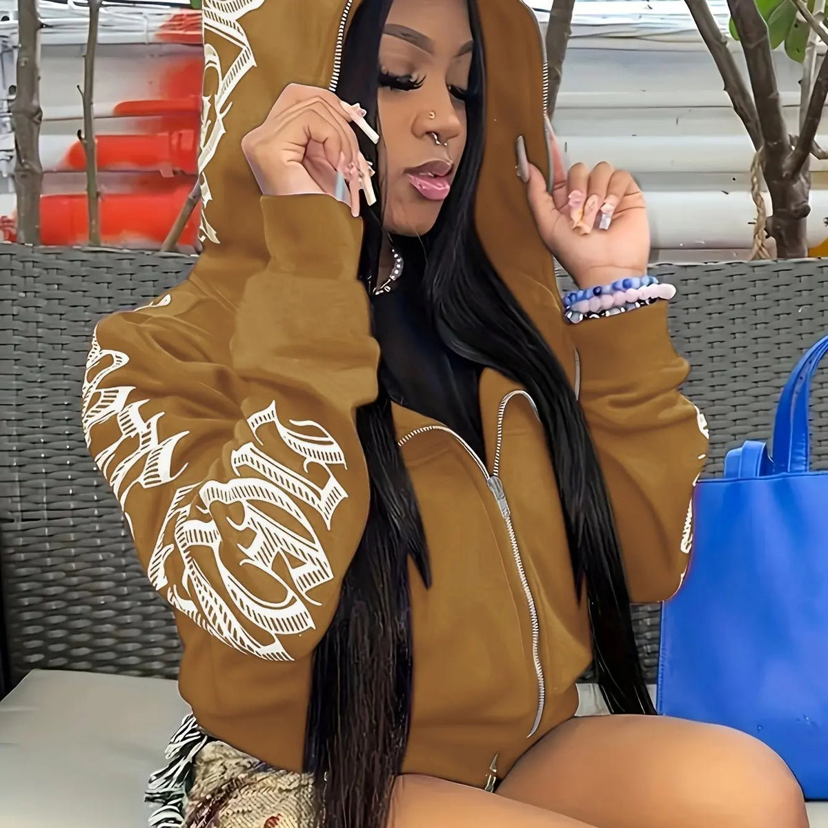 Letter Graphic Long Sleeve Full Zip Casual Hoodie