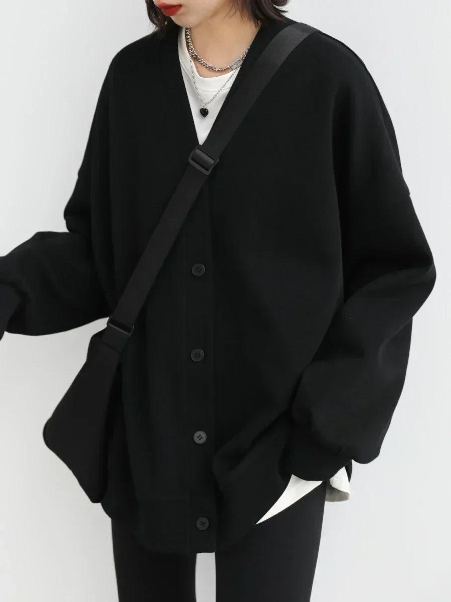 V Neck Long Sleeve Button Front Loose Casual Cardigan