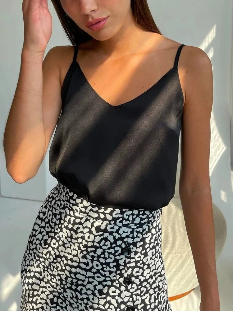 Women's V Neck Satin Silk Blend Camisole with Thin Shoulder Straps