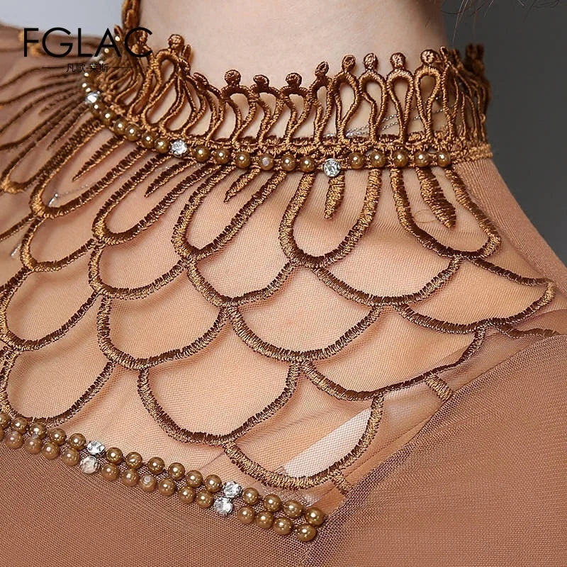 Women's Polyester Long-Sleeve High-Neck Lace Blouse with Geometric Detail for Dressy Outfits