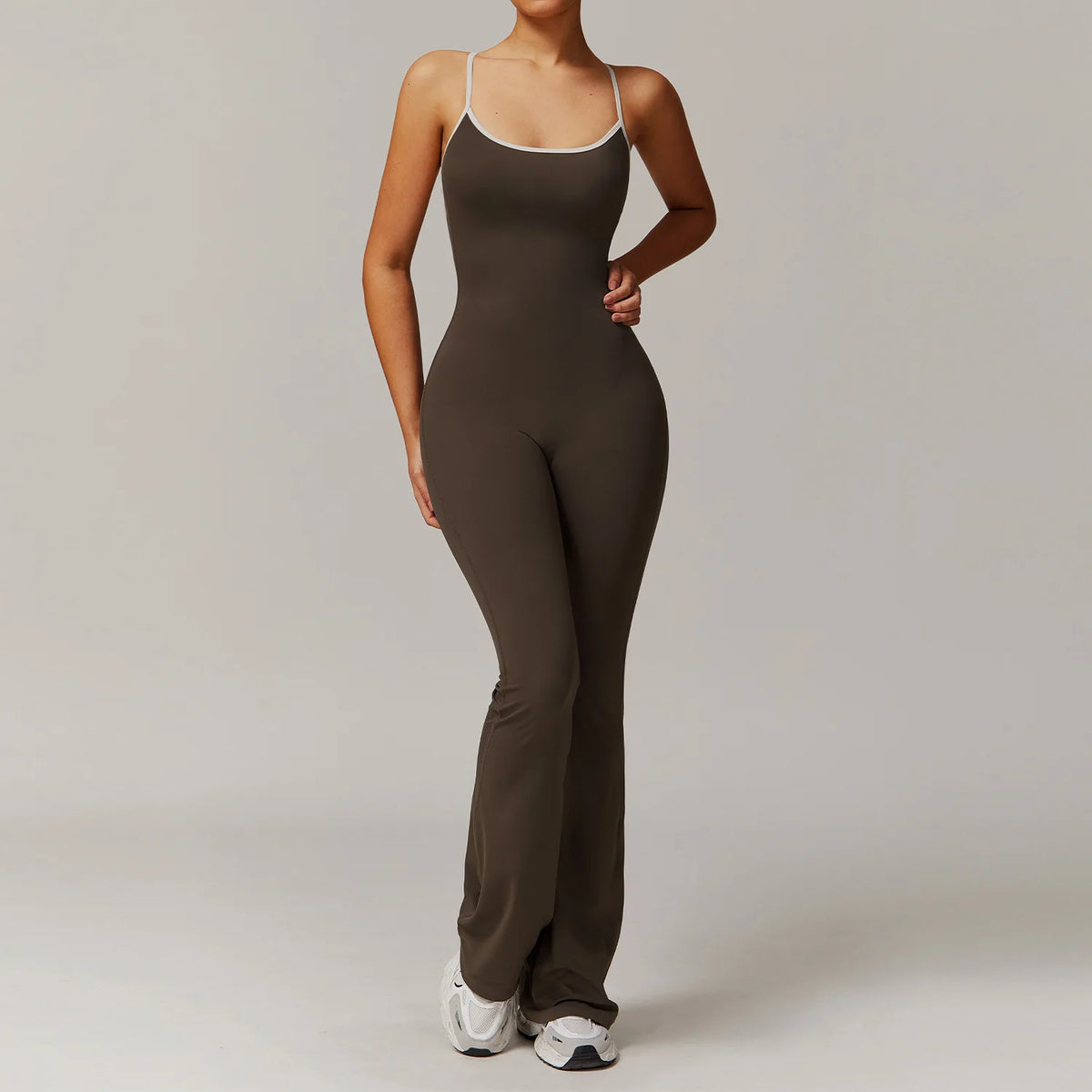 Women's Sleeveless Nylon Blend Flared Workout Jumpsuit with Scoop Neck