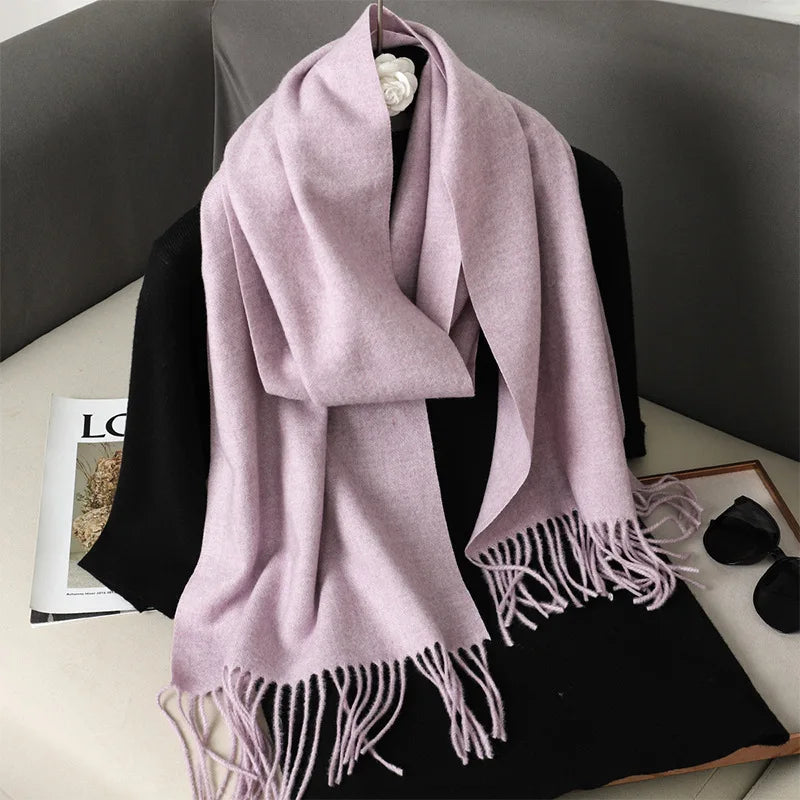 Solid Long Rectangular Scarf with Decorative Fringe Trim