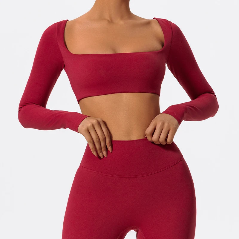 Women's Square Neck Long Sleeve Crop Top For Workout Outfits