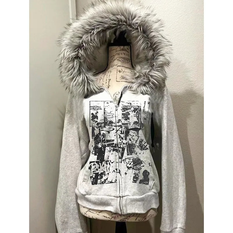 Fluffy Trim Long Sleeve Full Zip Casual Hoodie