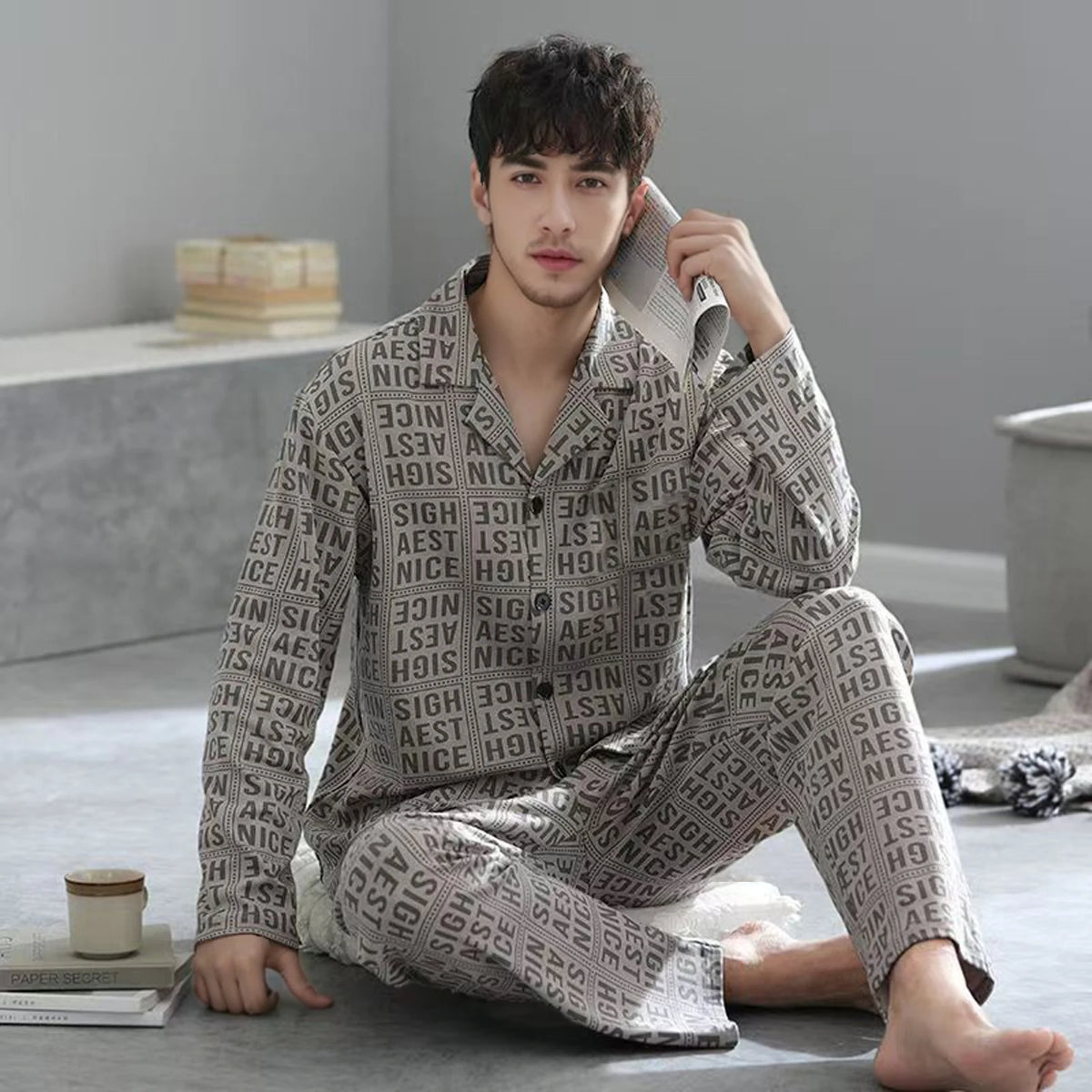 Men's Printed Button Front Long Sleeve Shirt and Pants Pajama Set
