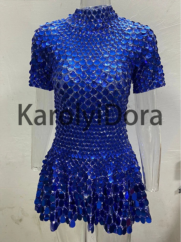 Women's Disc Sequin Mini Dance Dress with Short Sleeves and High Neck