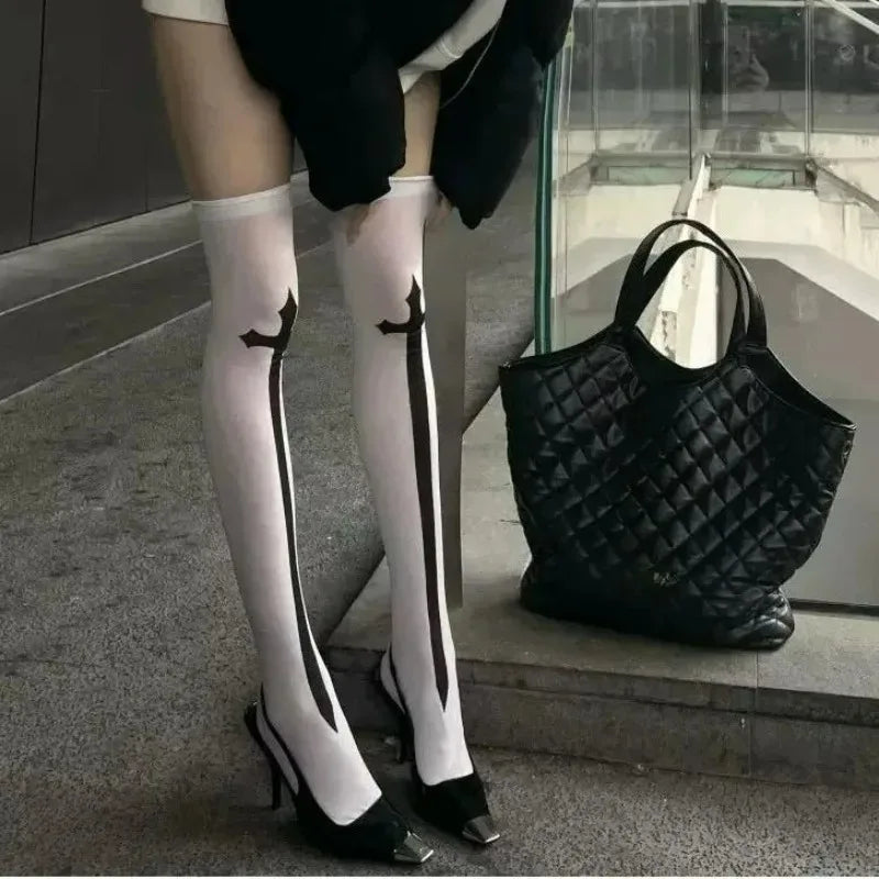 Cross Pattern Thigh High Stockings with Contrasting Cuff Design