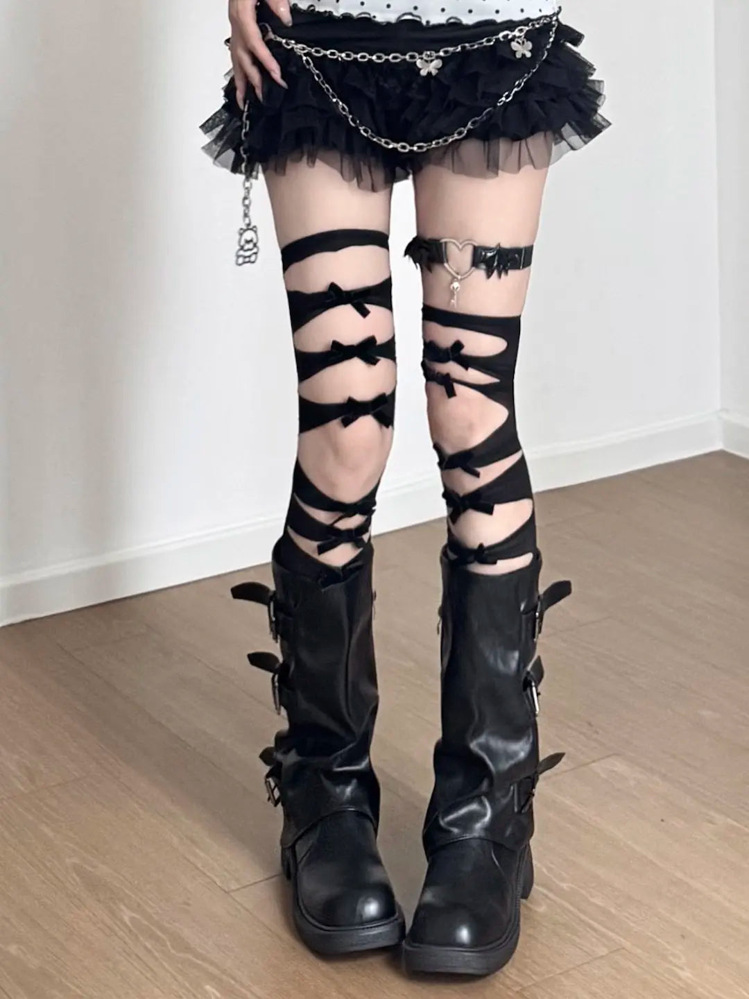Sheer Lace Up Stockings with Decorative Ribbon Bow Details