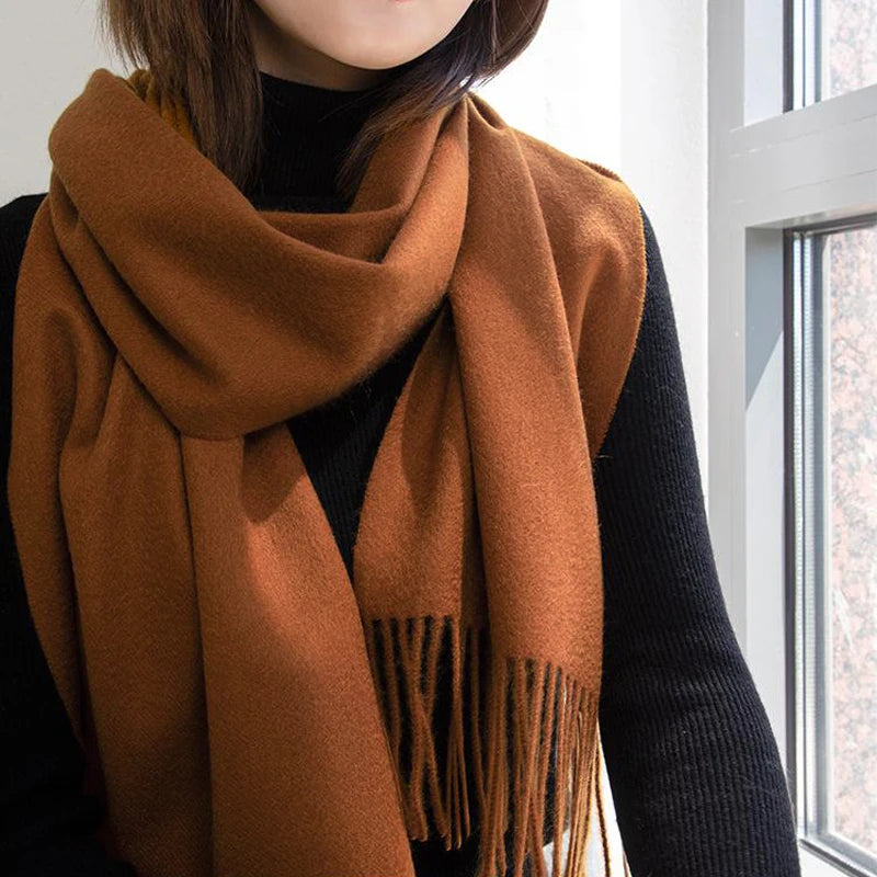 Solid Long Wool Scarf with Decorative Fringed Ends