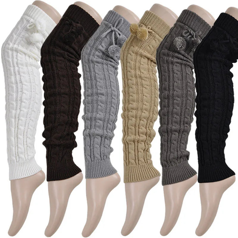 Cable Knit Leg Warmers with Decorative Pom Tie Details