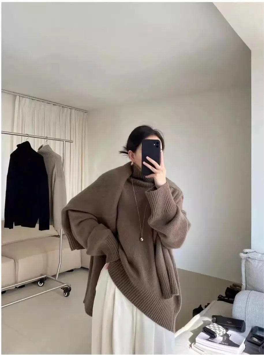 100% pure cashmere sweater for women high-neck sweater loose and thickened silhouette sweater