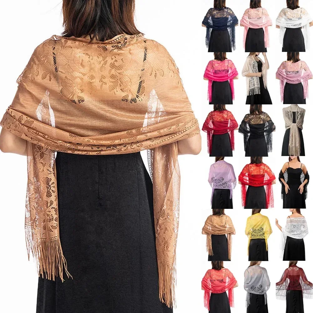 Floral Lace Fringed Wrap Scarf for Layering over Outfits