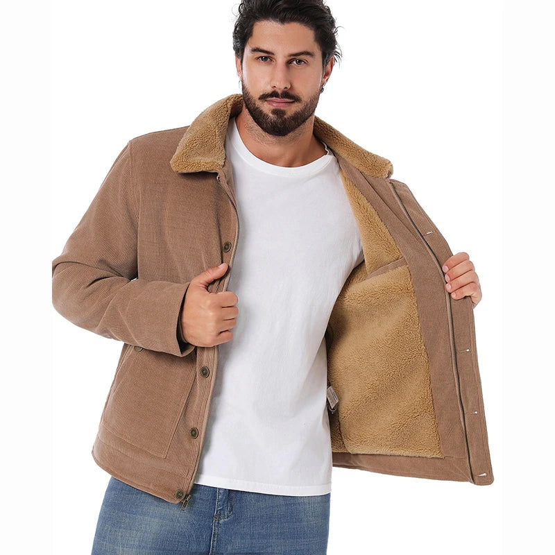 Men's Winter Corduroy Jacket Warm Fleece Lined Cargo Work Coat Casual Thick Sherpa Collar Trucker Deck Navy Jackets