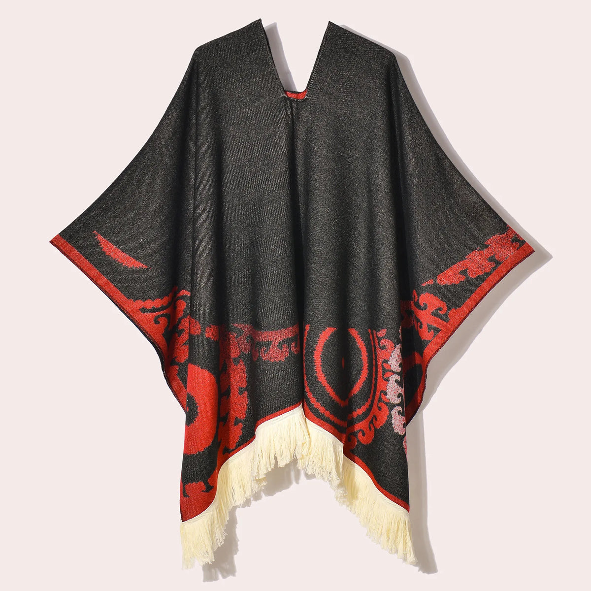 Geometric Pattern Fringe Poncho for Layering over Outfits