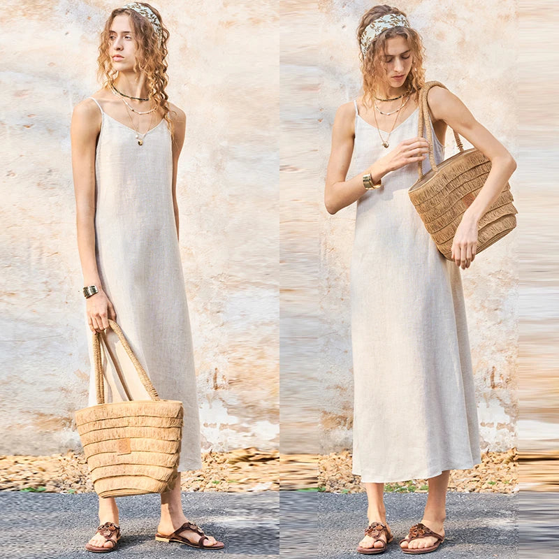 Women's Linen Sleeveless V-Neck Straight Ankle-Length Dress with Backless Detail for Summer